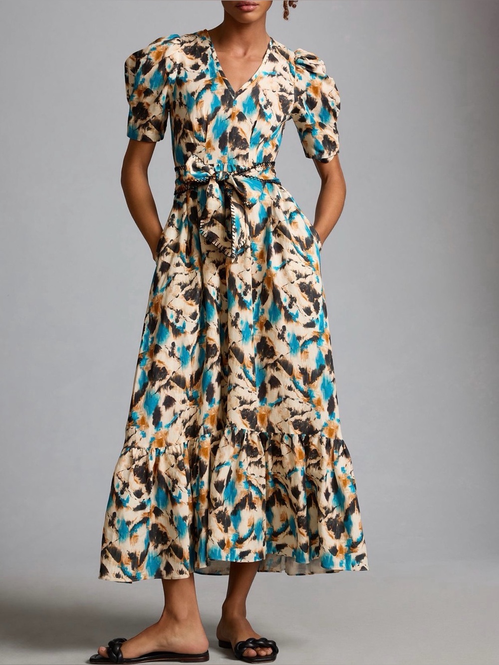 Hunter Bell Rebekah Belted Linen Blend Midi Dress Size 10